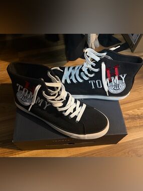 Tommy Hilfiger Black Canvas High-Top Sneakers with White Laces